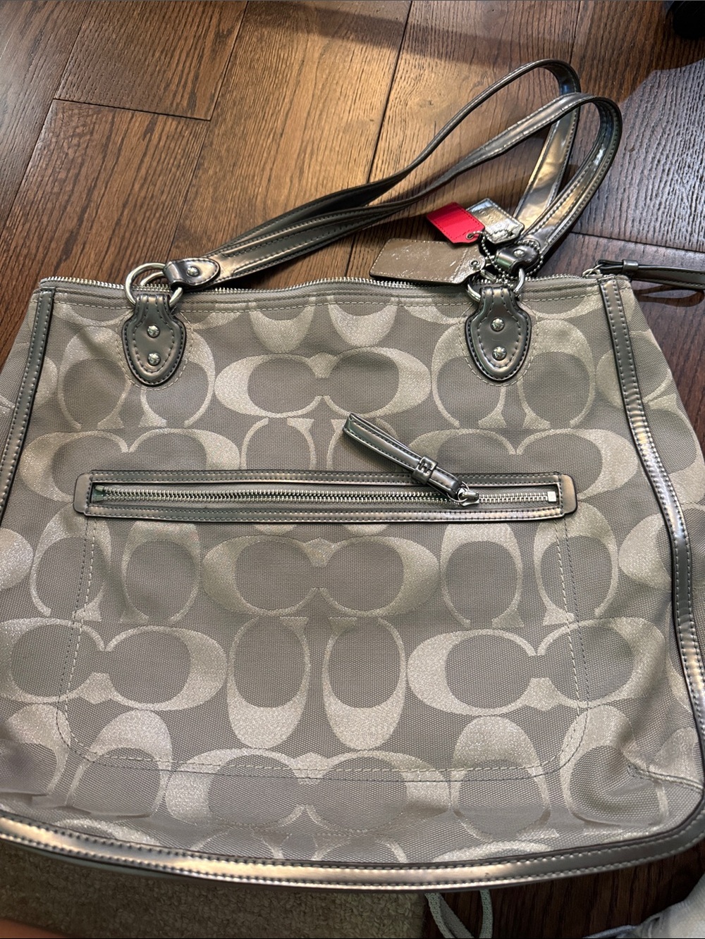 Coach Grey Signature Tote with Metallic Trim